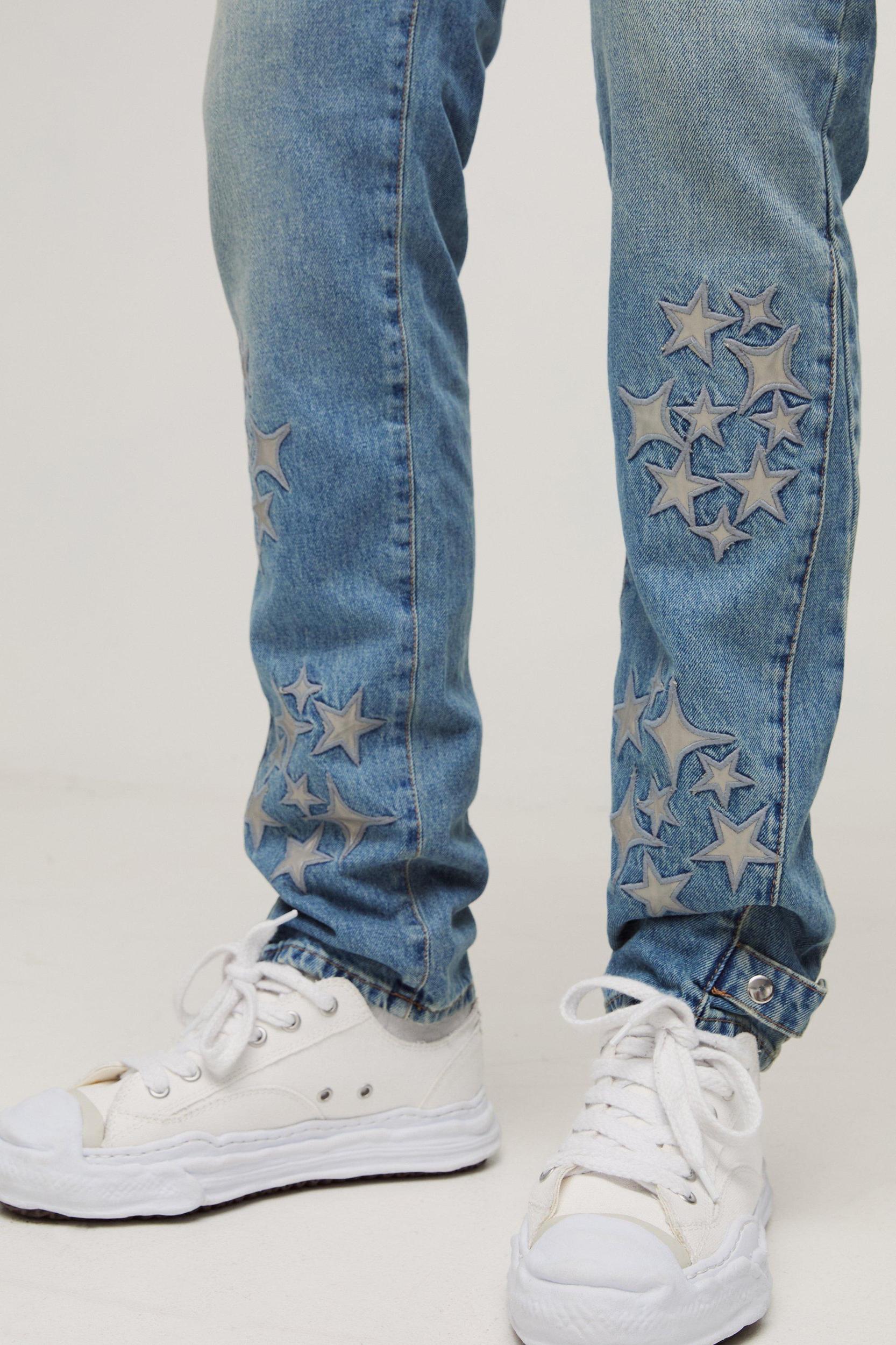 Tall Slim Rigid Pu Star Applique Gusset Jeans | boohooMAN USA Product Image