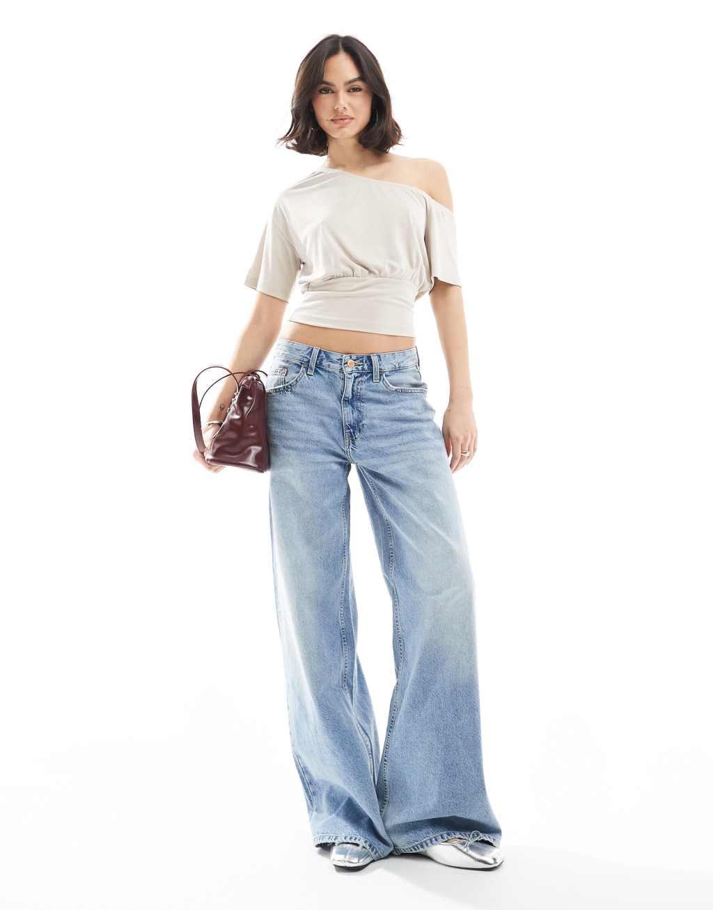 ASOS DESIGN slouchy off shoulder cinched cupro top in stone Product Image