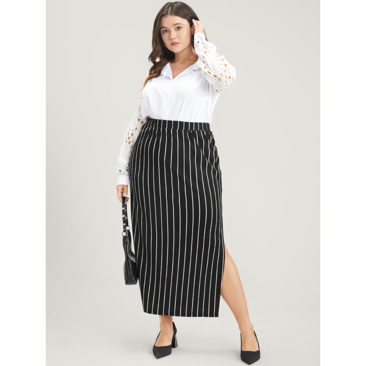 Plus Size Striped Elastic Waist Split Skirt Women Black Office Elastic Waist Medium stretch Work Skirts BloomChic 12/L Product Image
