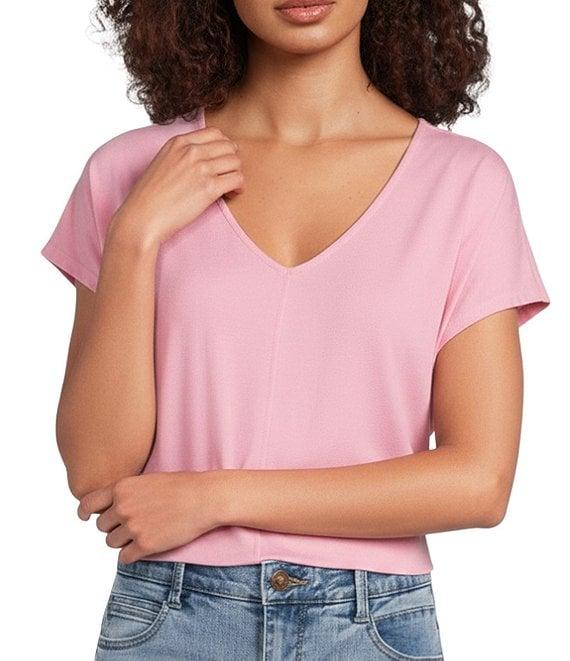 Gibson & Latimer Knit V-Neck Dropped Short Sleeve Shell Shirttail Tee Shirt Product Image