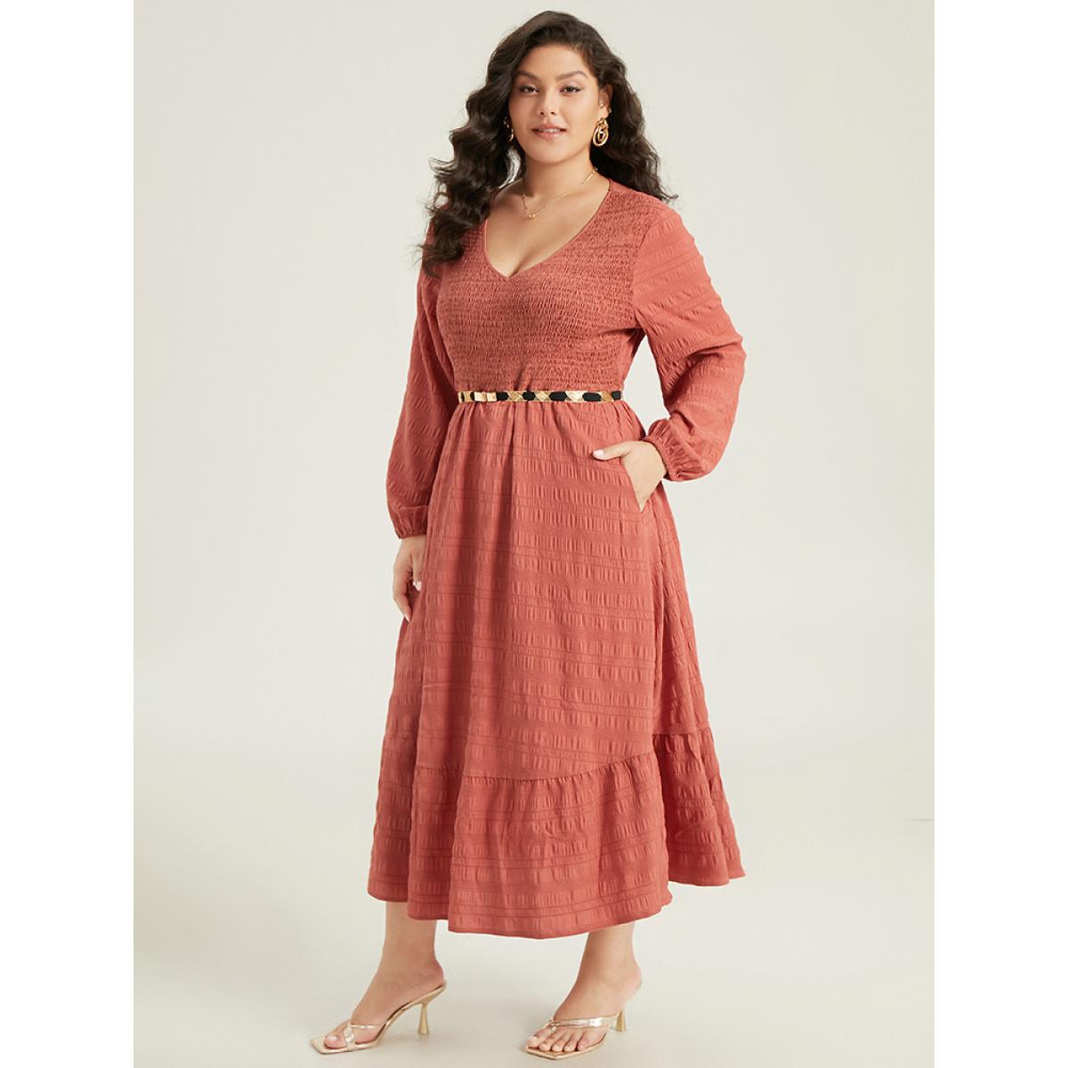 Plus Size Solid Shirred Plisse Flutter Hem Dress Chocolate Women Elegant Elastic cuffs V-neck Long Sleeve Curvy Midi Dress BloomChic 22-24/3X Product Image