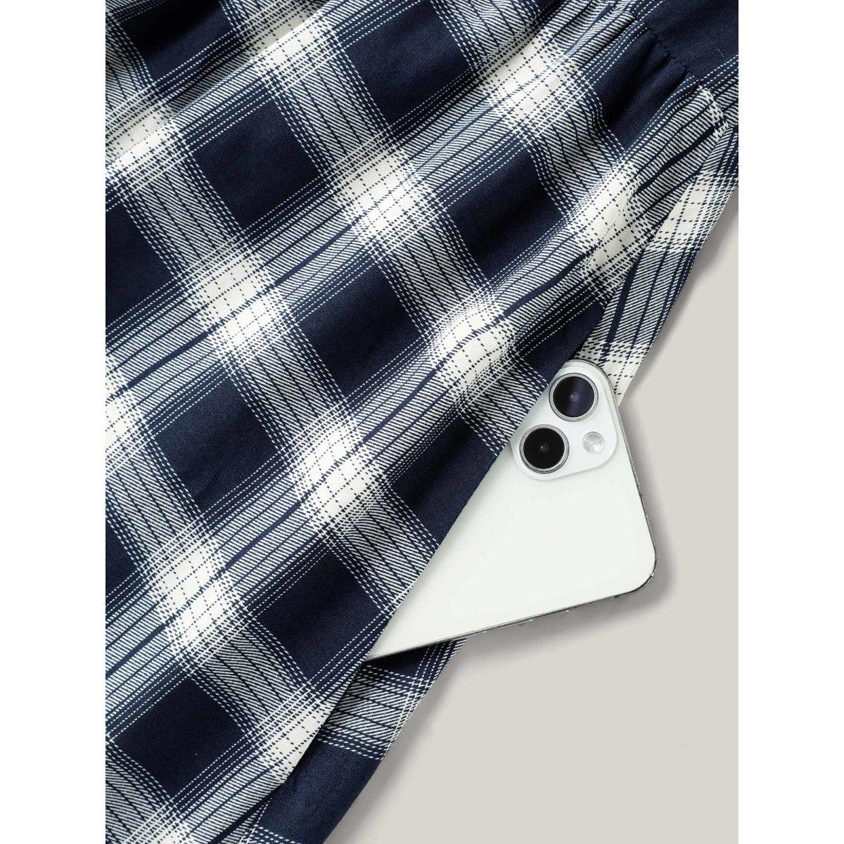 Plus Size Plaid Pattern Tab Sleeve Pockets Midi Dress DarkBlue Women Flat collar Short sleeve Curvy BloomChic 28/5X Product Image