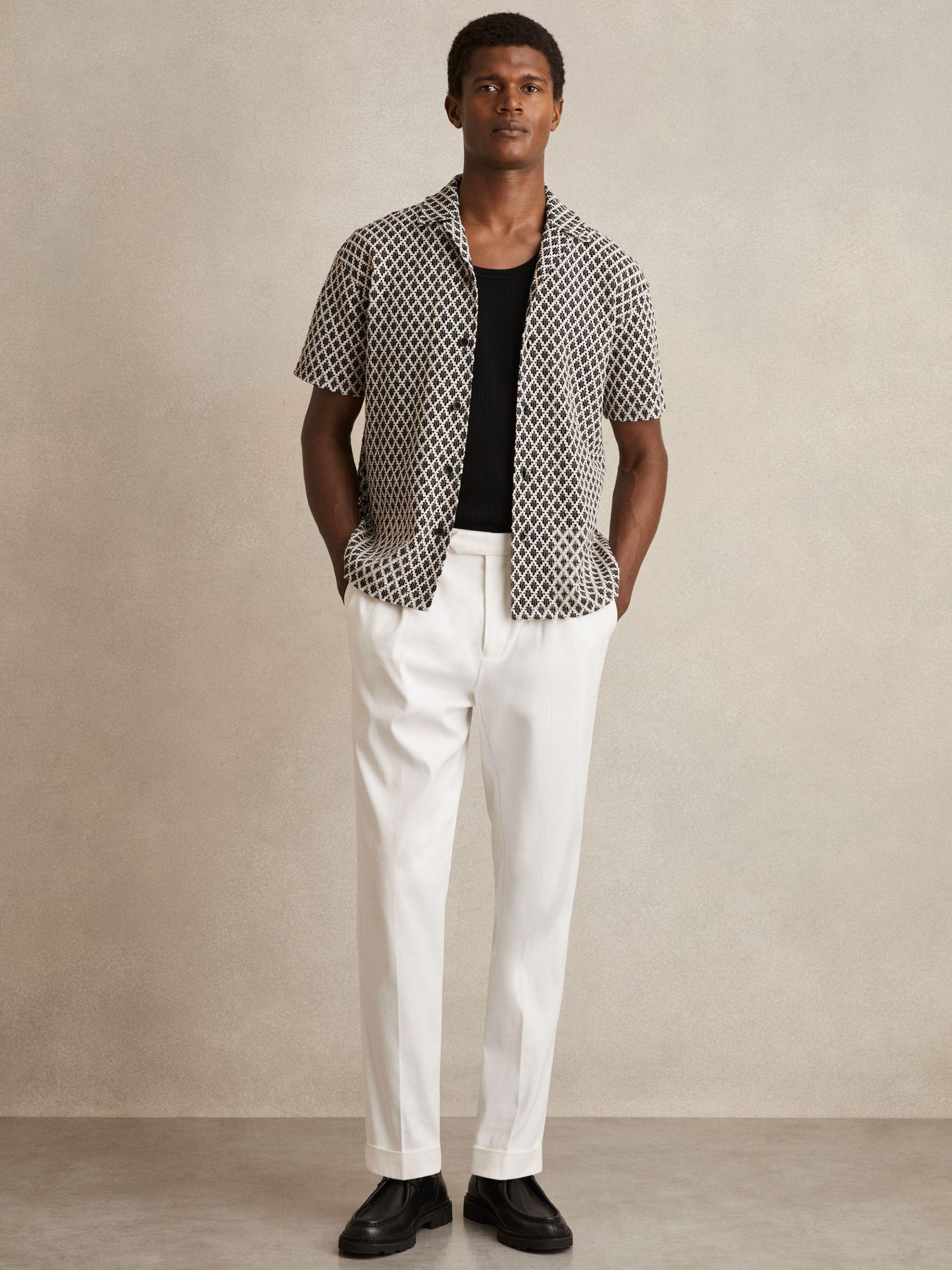 Geometric-Crochet Cuban-Collar Shirt in Navy/White Product Image