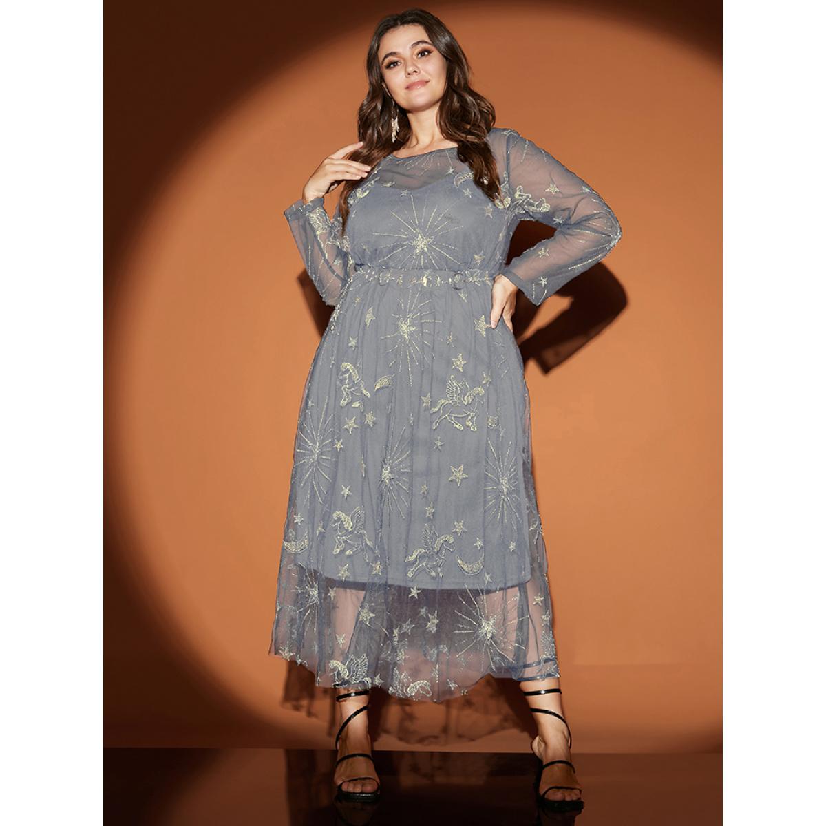 Moon and Star Embroidered Plus Size Women Midi Dress Going out Gathered Long Sleeve Round Neck Party Dresses BloomChic Product Image