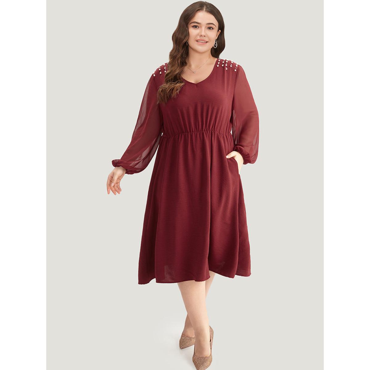 Plus Size Pearl Beaded Pocket Mesh Patchwork Dress Scarlet Women Elegant Elastic cuffs V-neck Long Sleeve Curvy Midi Dress BloomChic 18-20/2X Product Image