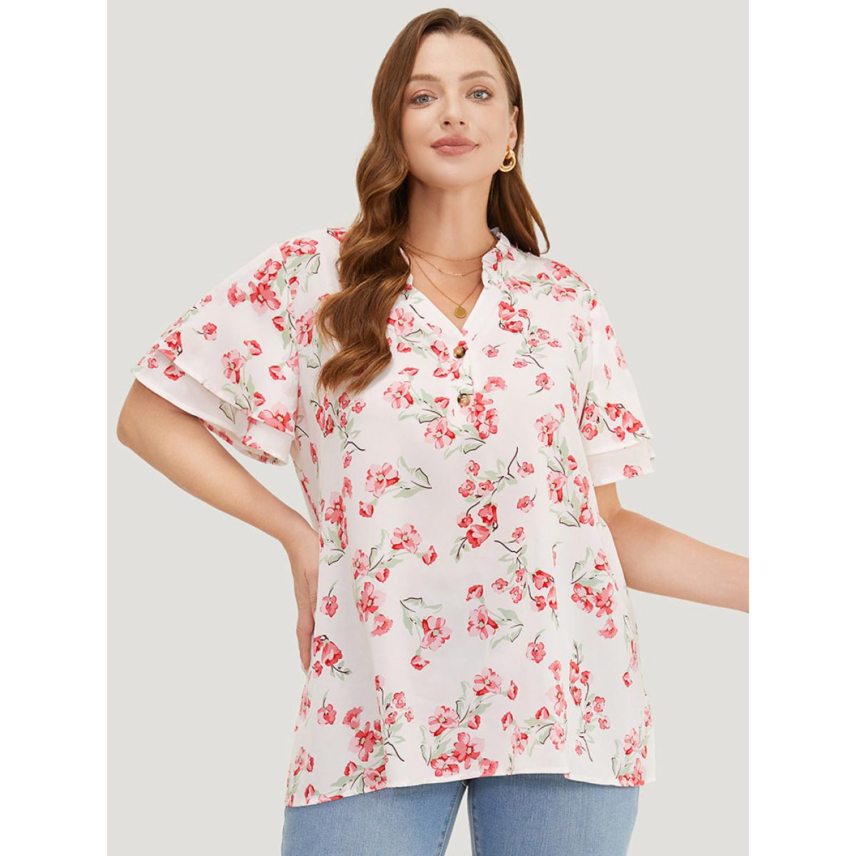 Plus Size White Floral Printed Button Up Flutter Layered Sleeve Blouse Women Elegant Short sleeve Notched collar Dailywear Blouses BloomChic 14-16/1X Product Image