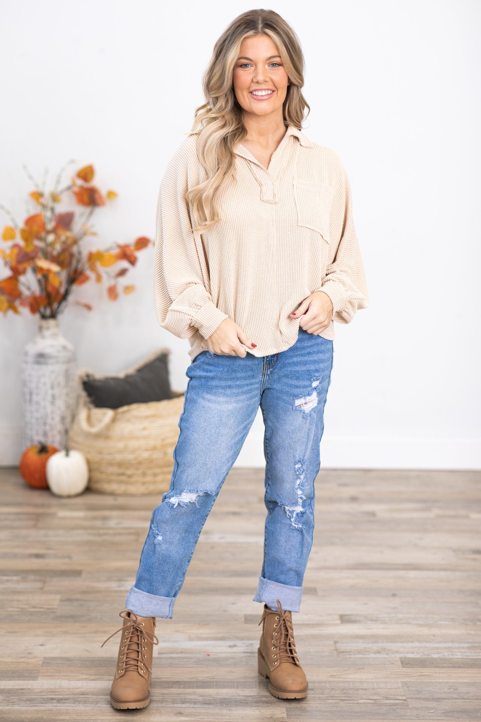 Beige Ribbed Top With Collar Product Image