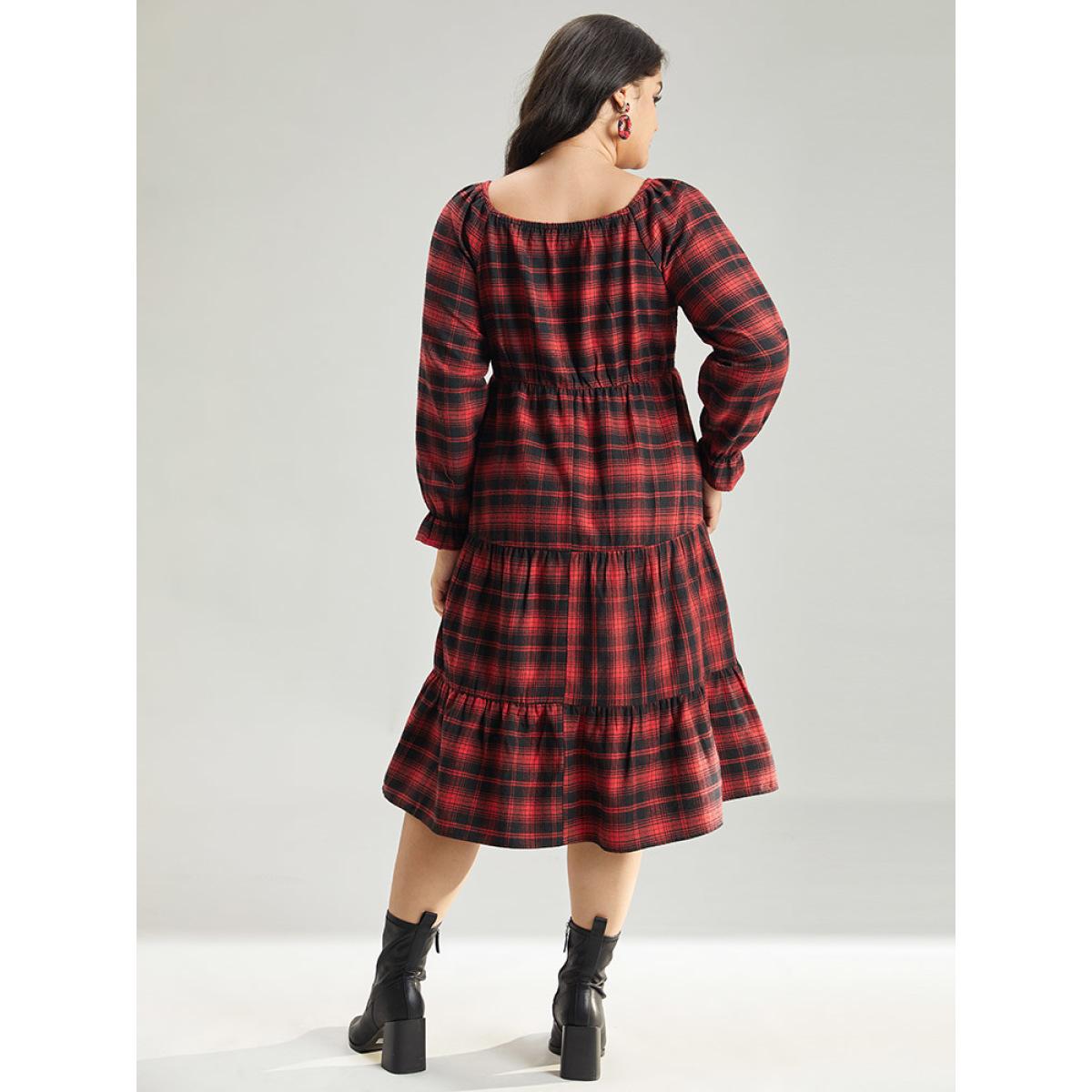 Plus Size Plaid Shirred Pocket Ruffle Trim Midi Dress Raspberry Women Elegant Gathered Square Neck Long Sleeve Curvy Midi Dress BloomChic 14-16/1X Product Image