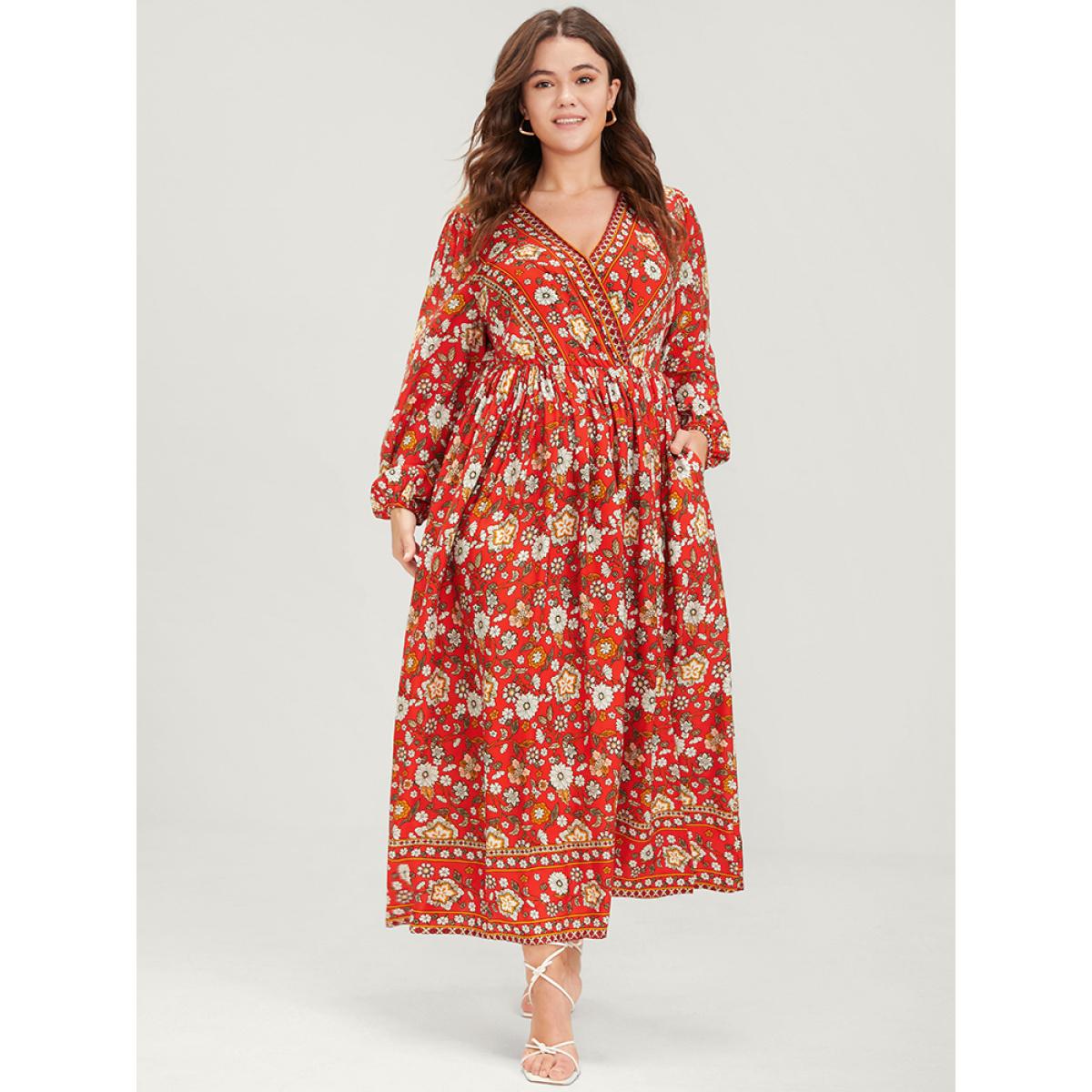 Plus Size Floral Split Pocket Wrap Lantern Sleeve Ruffled Maxi Dress Red Women Vacation Wrap V-neck Long Sleeve Curvy Long Dress BloomChic 12/L Product Image