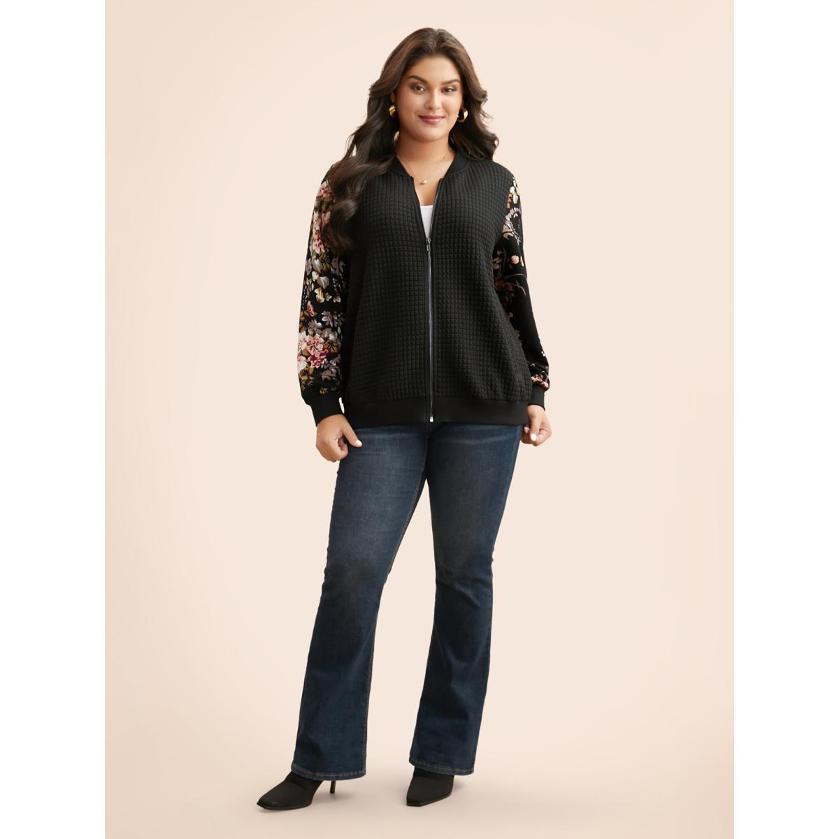 Plus Size Natural Flowers Patchwork Texture Jacket Women Black Texture Slanted pocket Everyday Jackets BloomChic 30/6X Product Image