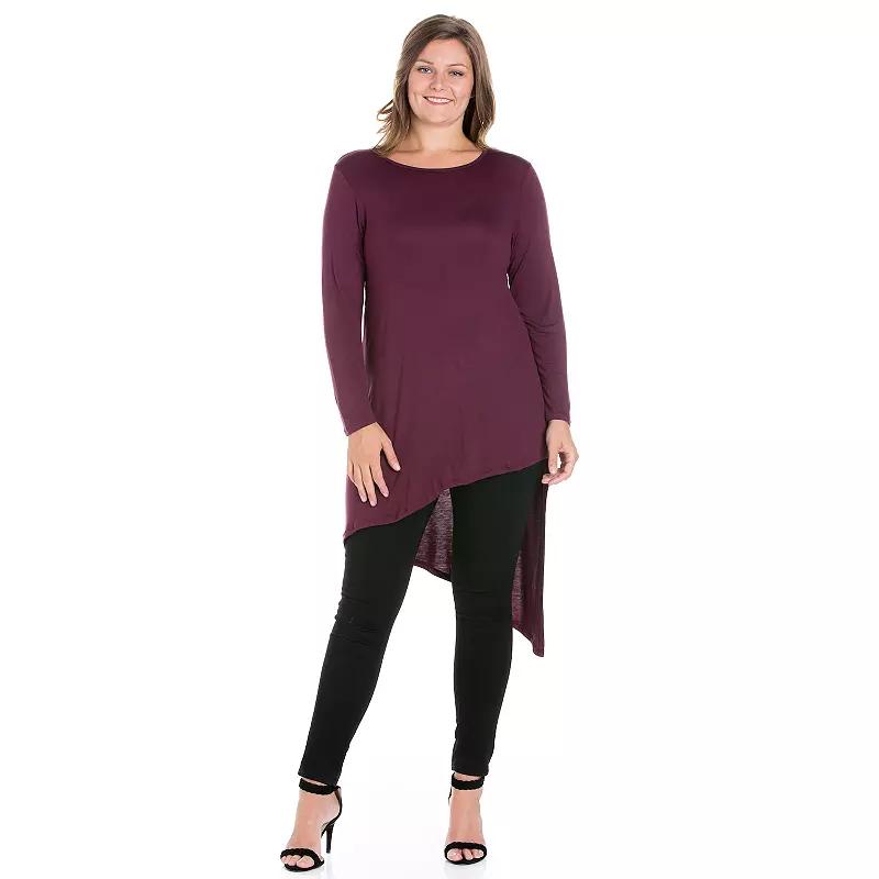 Plus Size 24Seven Comfort Apparel Long Sleeve Knee Length Asymmetrical Tunic Top, Womens Purple Product Image