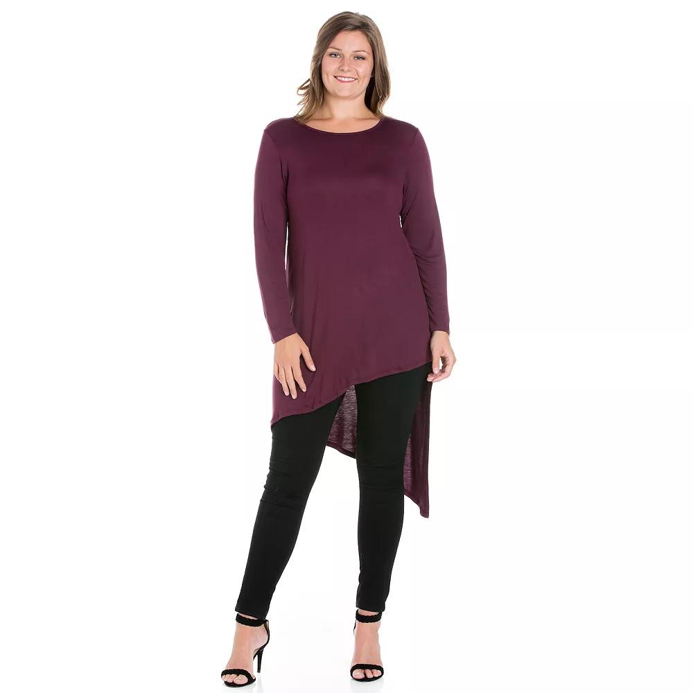 Plus Size 24Seven Comfort Apparel Long Sleeve Knee Length Asymmetrical Tunic Top, Womens Purple Product Image