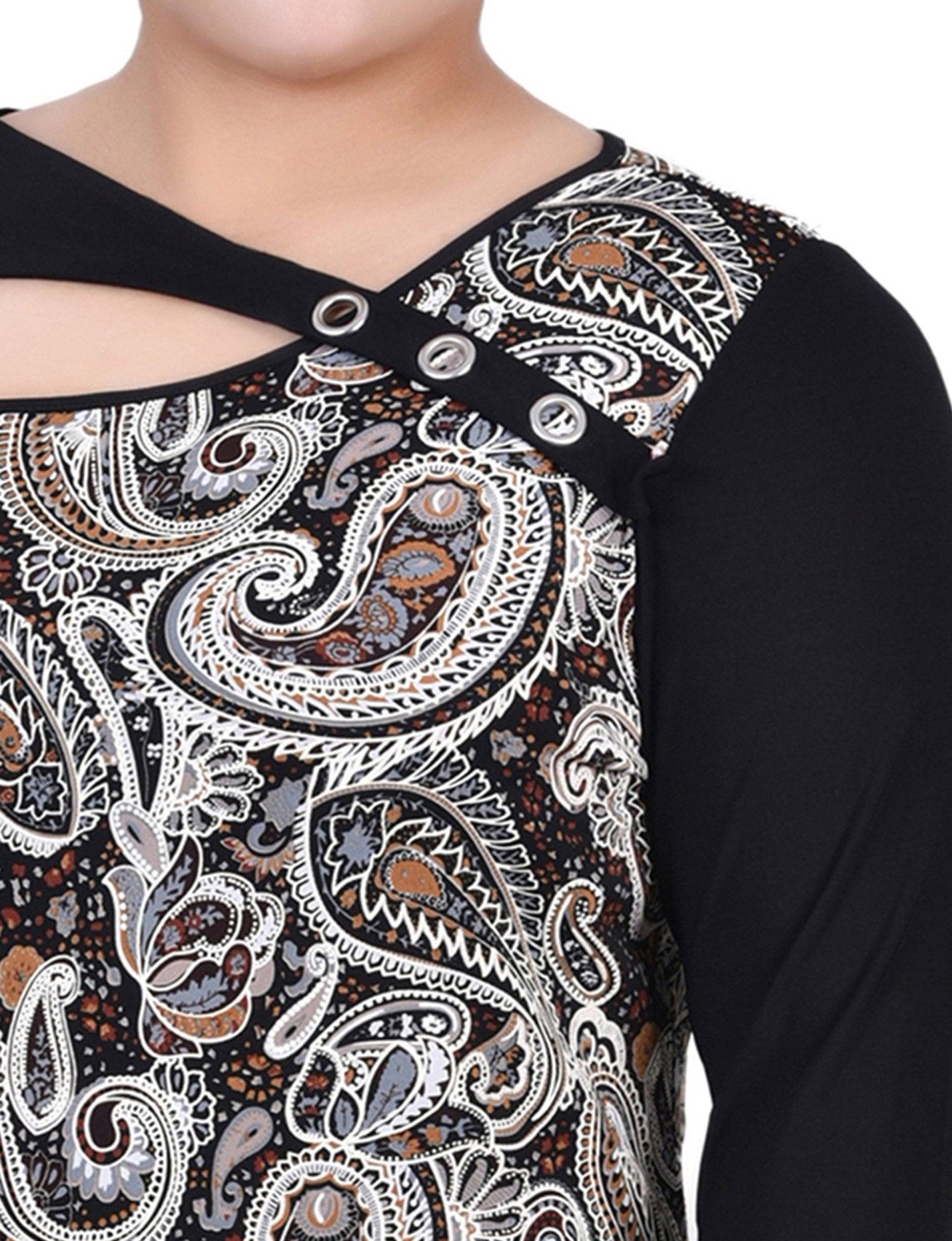 Brown Paisley 3/4 Sleeve Blouse With Necklace - Petite Product Image