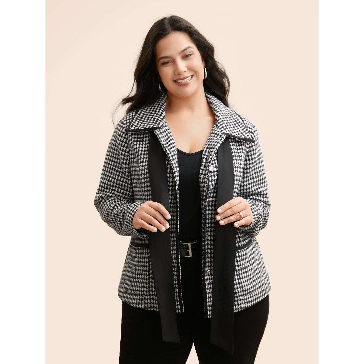 Plus Size Houndstooth Tie Knot Woven Ribbon Jacket Women Black Woven ribbon&lace trim Patch pocket Everyday Jackets BloomChic 18-20/2X Product Image
