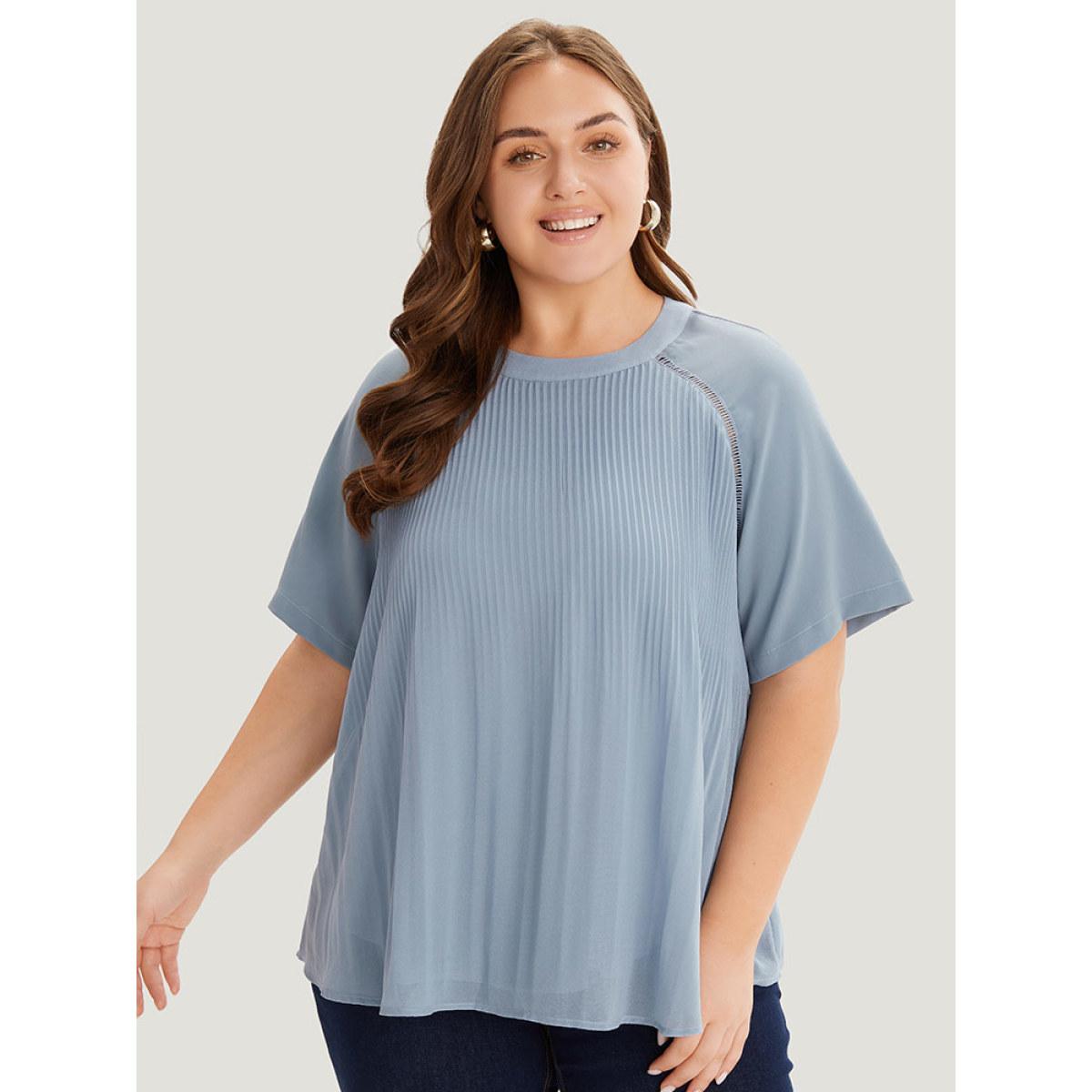 Plus Size Stone Solid Pleated Raglan Sleeve Patchwork Blouse Women Elegant Short sleeve Round Neck Dailywear Blouses BloomChic 14-16/1X Product Image