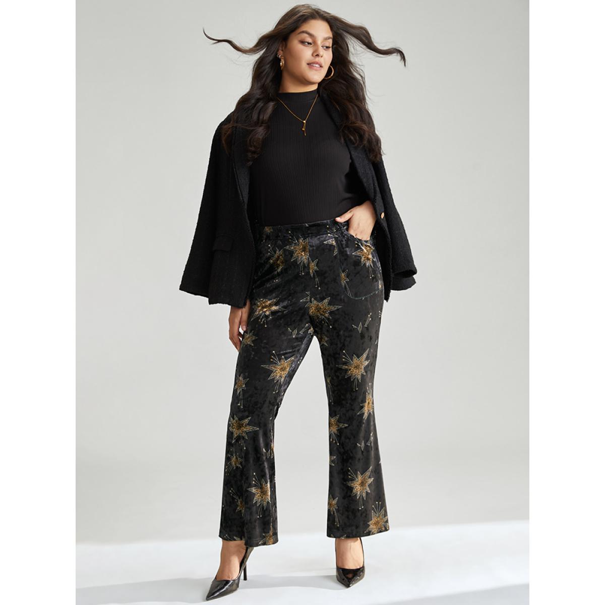 Plus Size Star Elastic Waist Velvet High Rise Bootcut Pants Women Black Elegant Bootcut High Rise Festival-Christmas Pants BloomChic 10/M Product Image