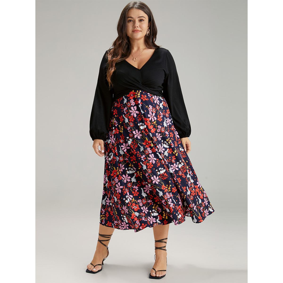 Plus Size Floral Patchwork Crossover Pocket Dress Black Women Elegant Elastic cuffs V-neck Long Sleeve Curvy Midi Dress BloomChic 12/L Product Image