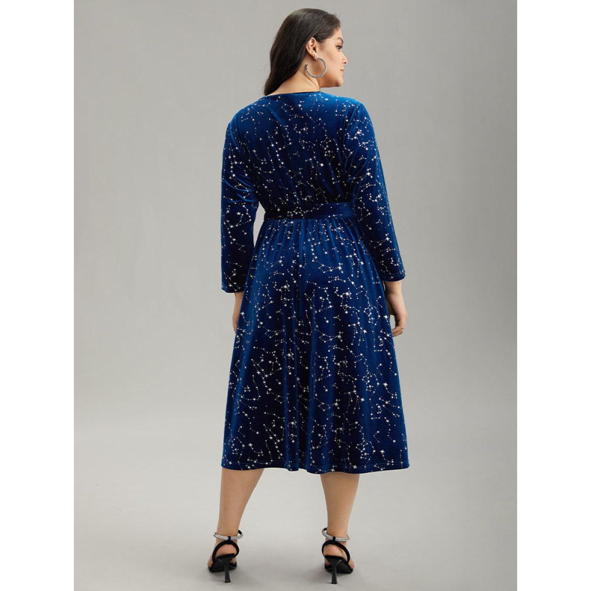 Plus Size Star Glitter Velvet Wrap Pocket Belted Dress DarkBlue Women Party Wrap Overlap Collar Long Sleeve Curvy Midi Dress BloomChic 14-16/1X Product Image