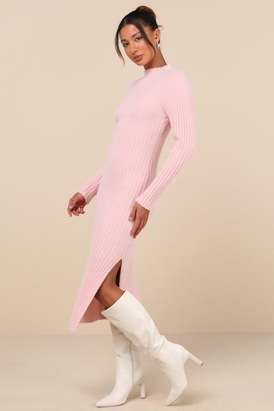 Irresistible Feelings Light Pink Fuzzy Knit Midi Sweater Dress Product Image