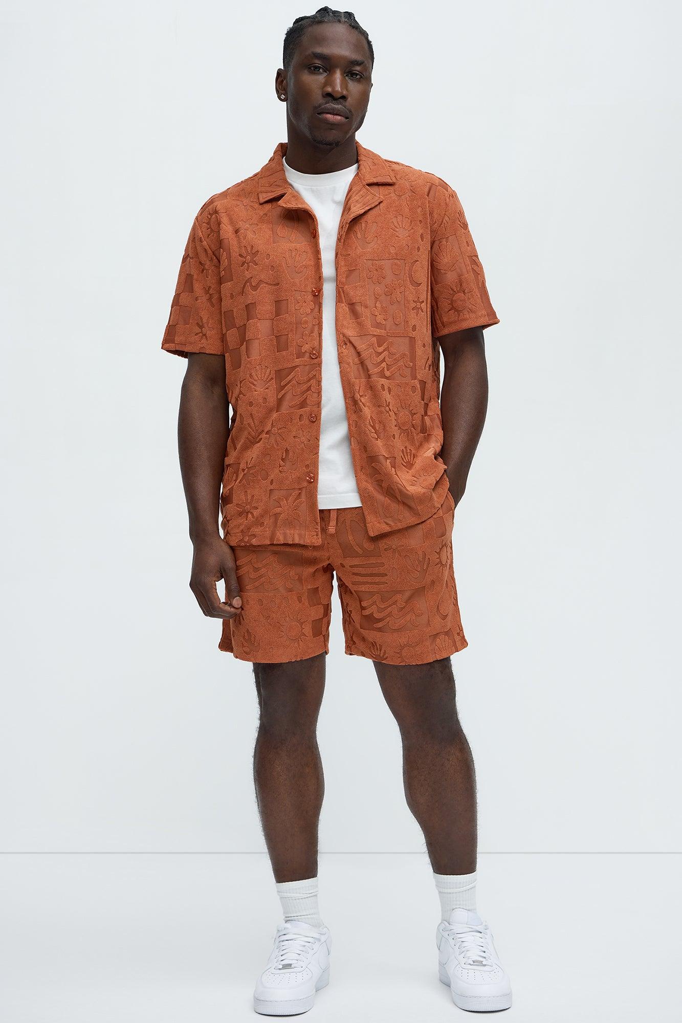 Tropical Trees Jacquard Short Sleeve Button Up Shirt - Rust Product Image