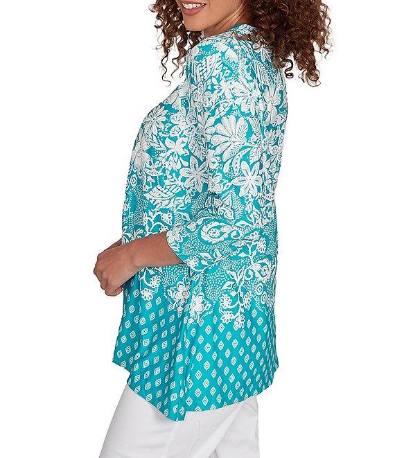 Ruby Rd. Knit Floral Border Print Keyhole Neck 3/4 Sleeve Top Product Image
