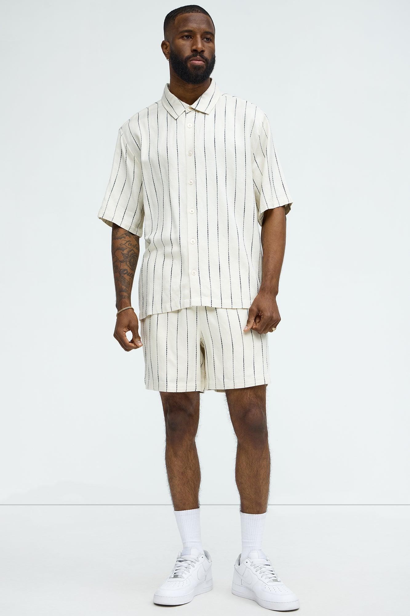 Slub Striped Linen Short Sleeve Button Up - Cream/combo Product Image