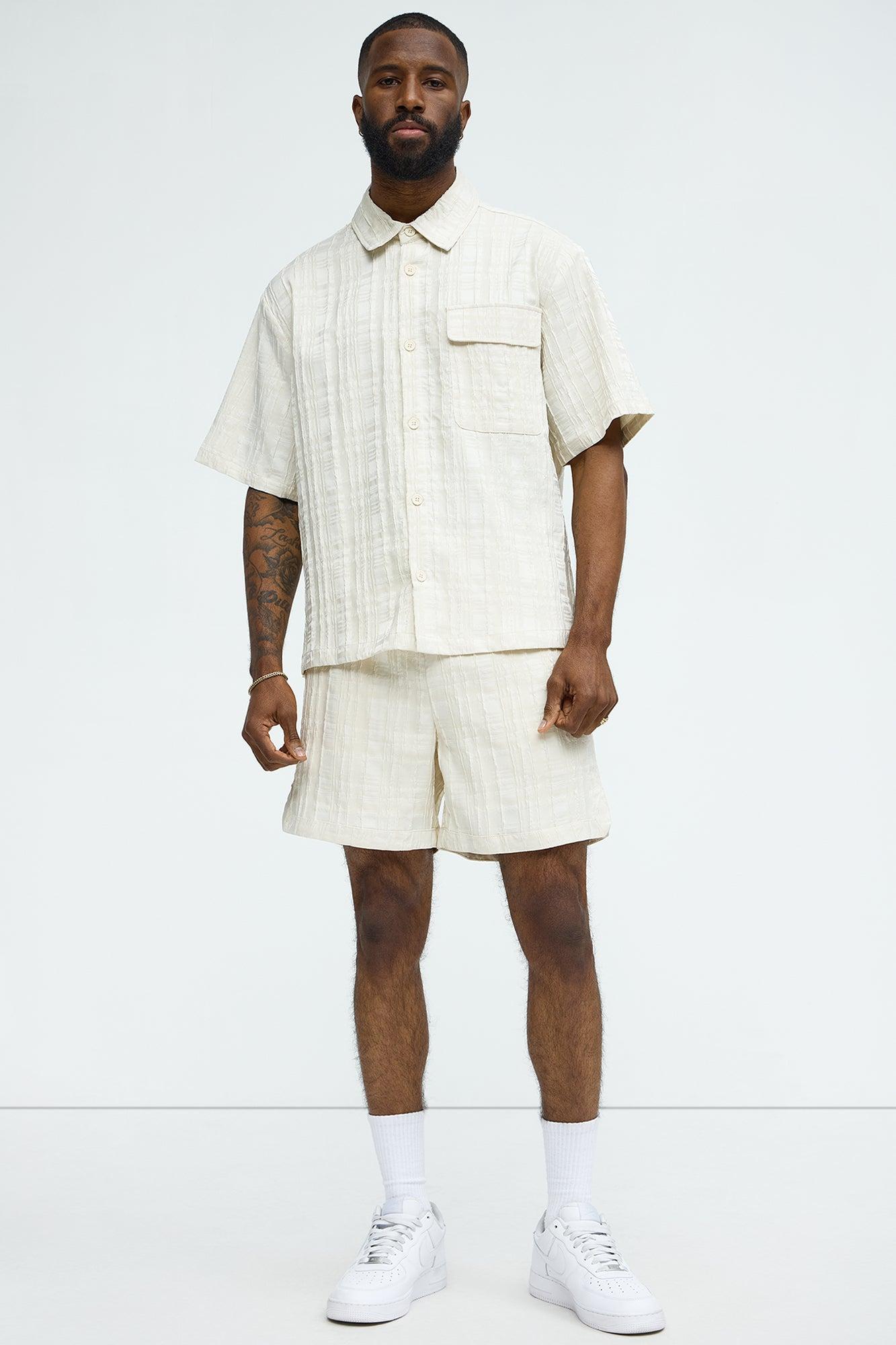 Plaid Crinkle Closed Collar Shirt - Off White Product Image