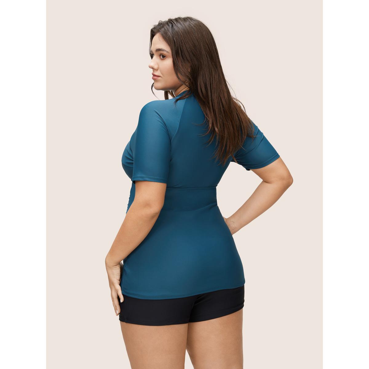 Plus Size Zipper Raglan Sleeve Ruched Swim Top Women's Swimwear Aegean Beach Non High stretch Skinny Round Neck Curve Swim Tops BloomChic 28/5X Product Image