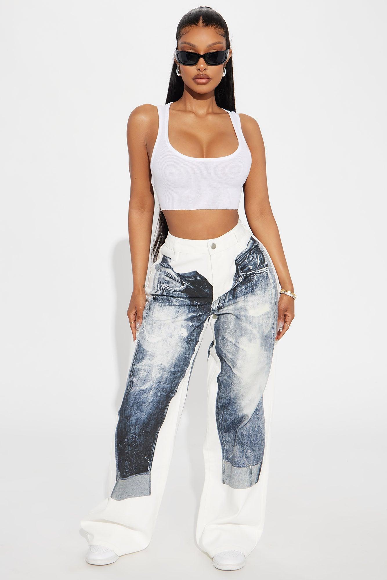Perfect Illusions Denim Printed Straight Leg Jeans - White Product Image