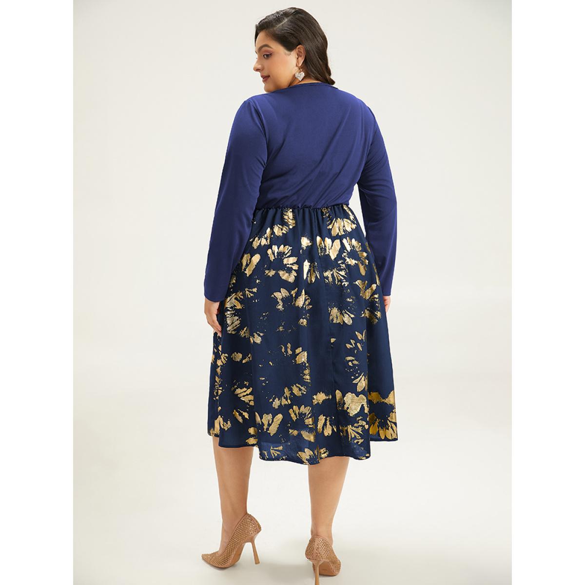 Plus Size Brush Glitter Pocket Patchwork Dress DarkBlue Women Party Printed V-neck Long Sleeve Curvy Midi Dress BloomChic 28/5X Product Image