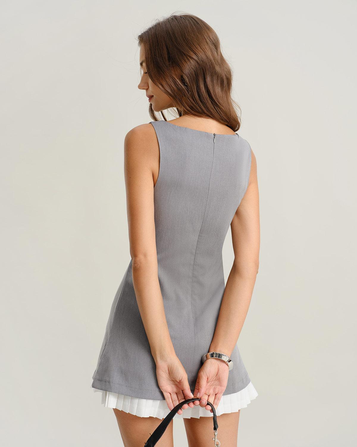 Grey Contrast Boat Neck Sleeveless Mini Dress Product Image