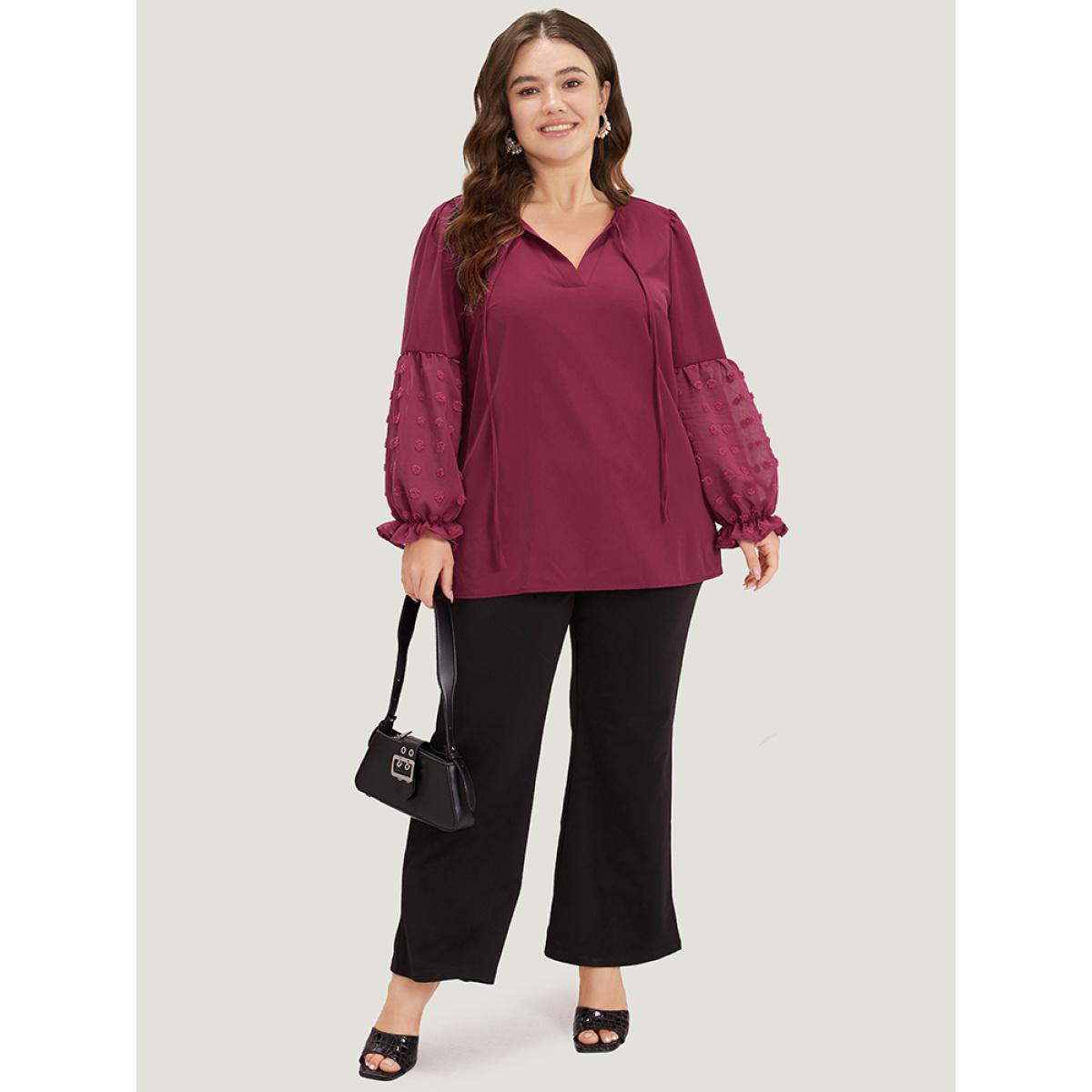 Plus Size Purple Anti-Wrinkle Plain Knot Neck Frill Trim Lantern Sleeve Blouse Women Casual Long Sleeve Tie Neck Everyday Blouses BloomChic 28/5X Product Image