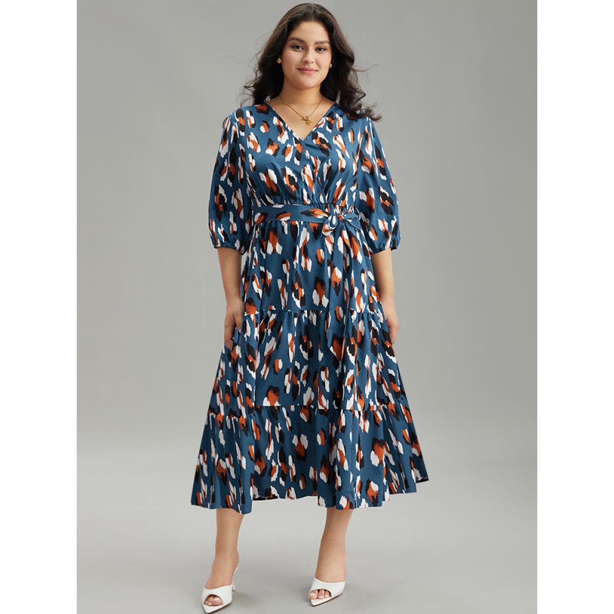 Plus Size Allover Print Ruffle Layered Hem Wrap Belted Dress Cerulean Women Office Elastic cuffs Overlap Collar Elbow-length sleeve Curvy Midi Dress BloomChic 28/5X Product Image