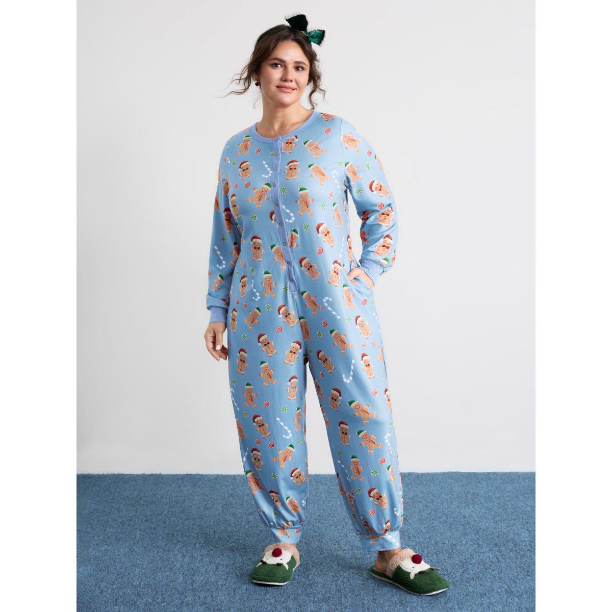 Plus Size LightBlue Gingerbread Print Button Placket Jumpsuit Women Leisure Extra Long Sleeve Round Neck Casual Loose Jumpsuits BloomChic 10/M Product Image