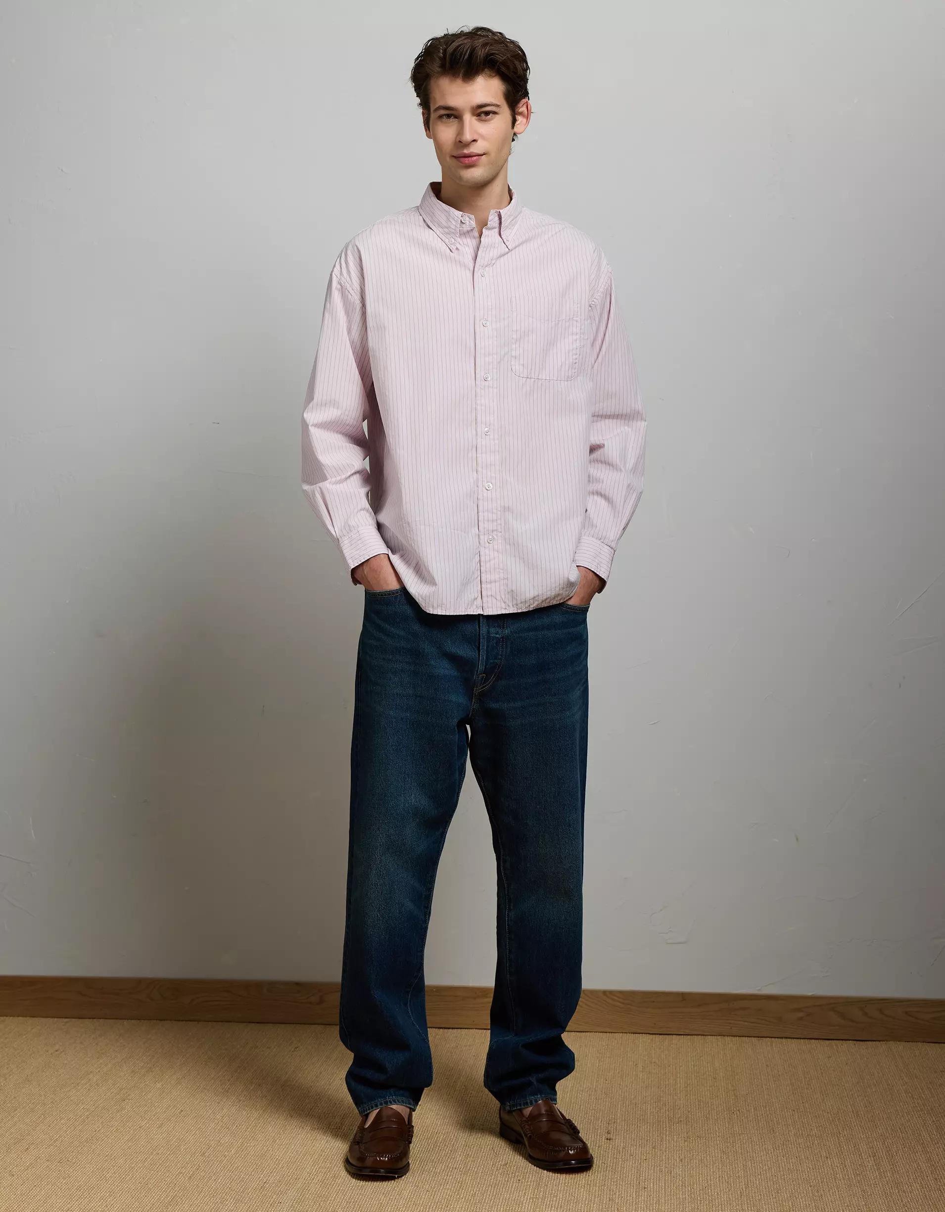 AE77 Premium Relaxed Striped Poplin Button-Up Shirt Product Image