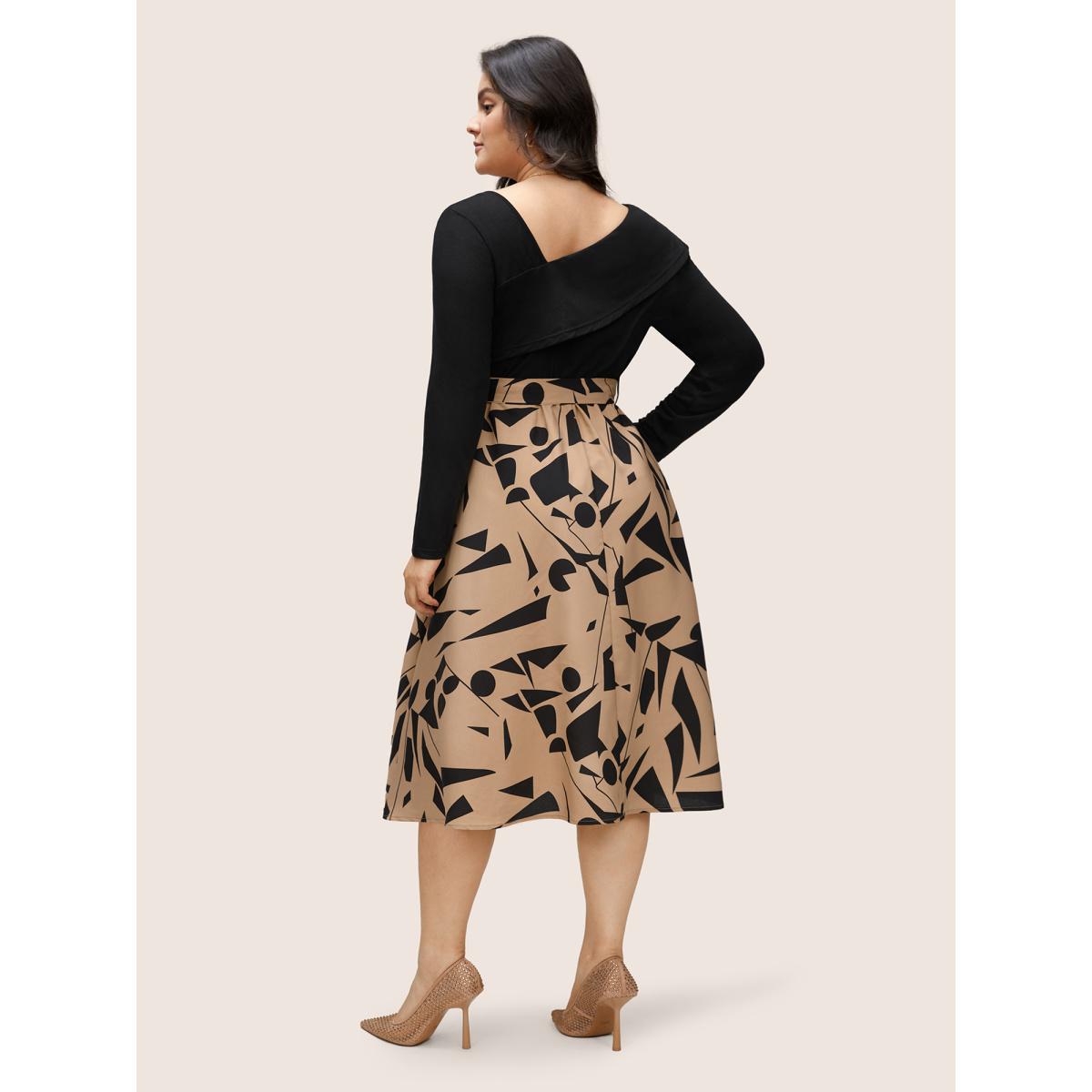 Plus Size Geometric Contrast Patchwork Asymmetrical Neck Belted Dress Black Women At the Office Non Asymmetrical Neck Long Sleeve Curvy Midi Dress BloomChic 12/L Product Image