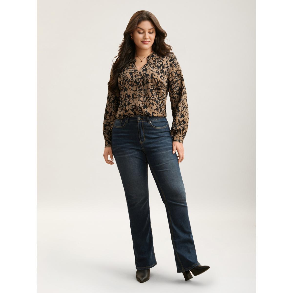 Plus Size BlackFlower Silhouette Floral Print Notched Frill Trim Blouse Women Elegant Long Sleeve Notched collar Everyday Blouses BloomChic 14-16/1X Product Image
