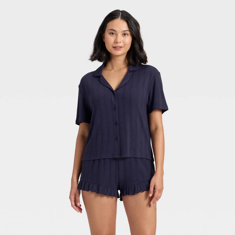 Women's Pointelle Notch Collar Shirt and Shorts Pajama Set - Wild Fable™ Navy M Product Image