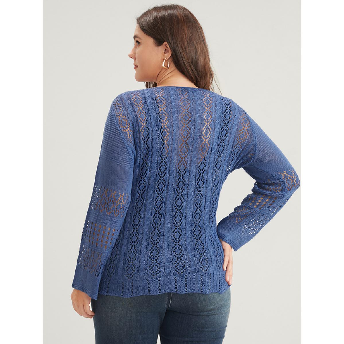 Plus Size Plain Pointelle Knit V Neck Crochet Drawstring Knit Top Blue Women Elegant Long Sleeve V-neck Dailywear Pullovers BloomChic 30/6X Product Image