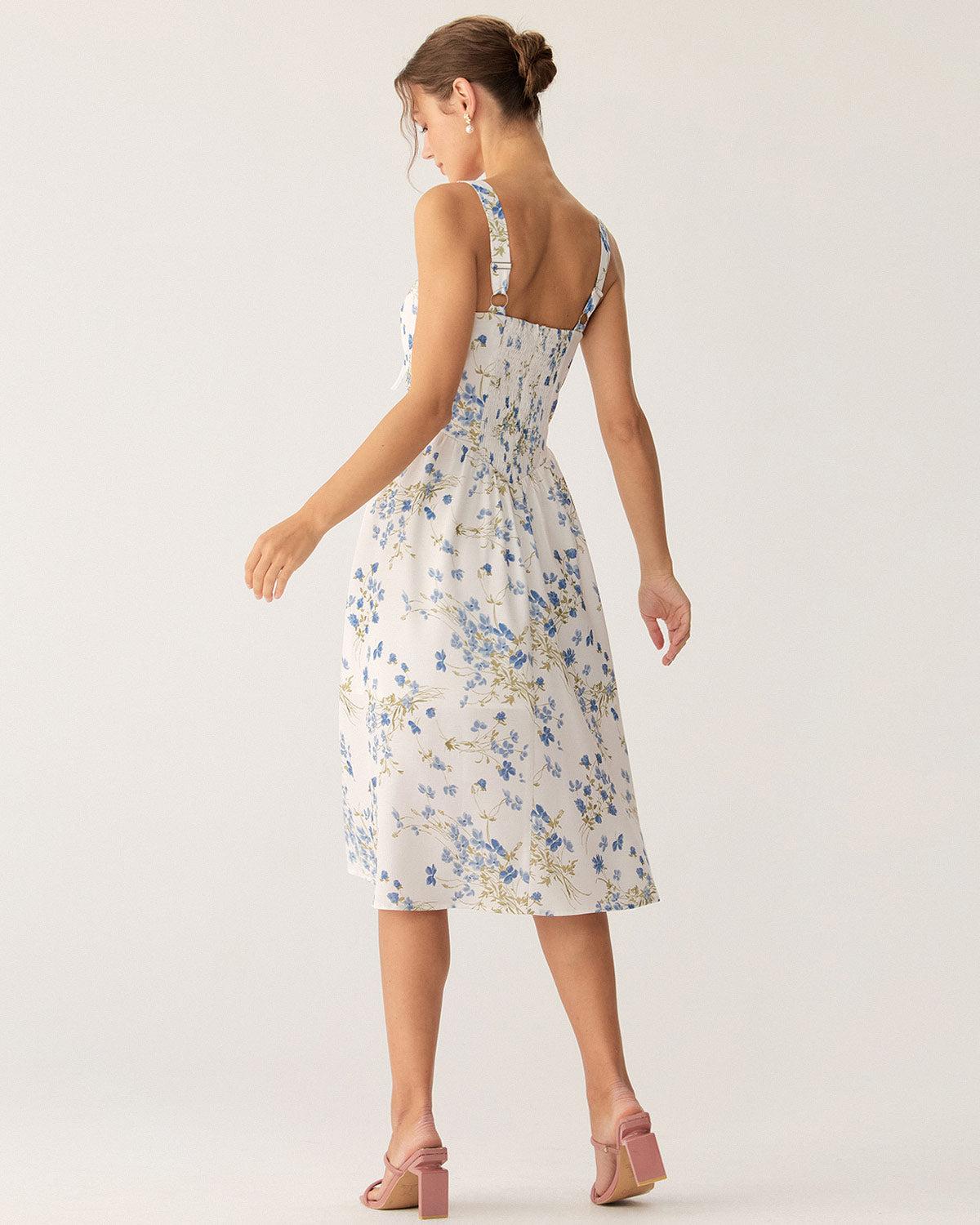 Blue Floral U Neck A-Line Midi Dress Product Image