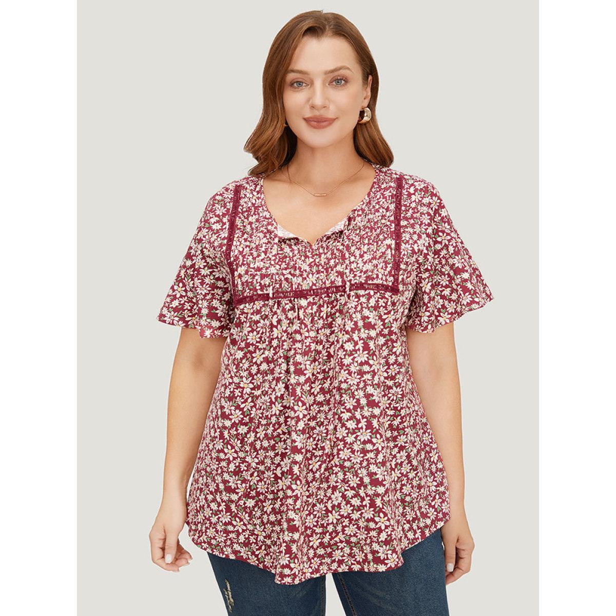 Plus Size RedViolet Ditsy Floral Lace Gathered Tie Neck Blouse Women Elegant Short sleeve Tie Neck Dailywear Blouses BloomChic 10/M Product Image