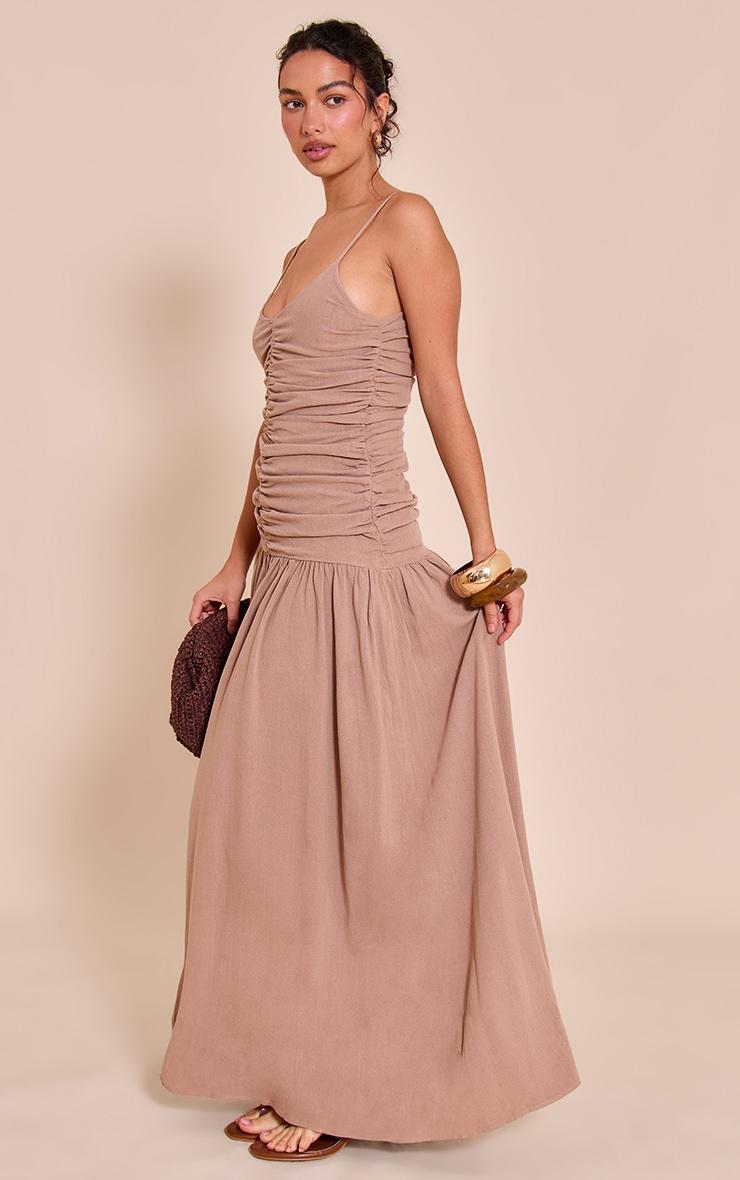 Taupe Textured Woven Ruched Detail Dropped Hem Maxi Dress Product Image