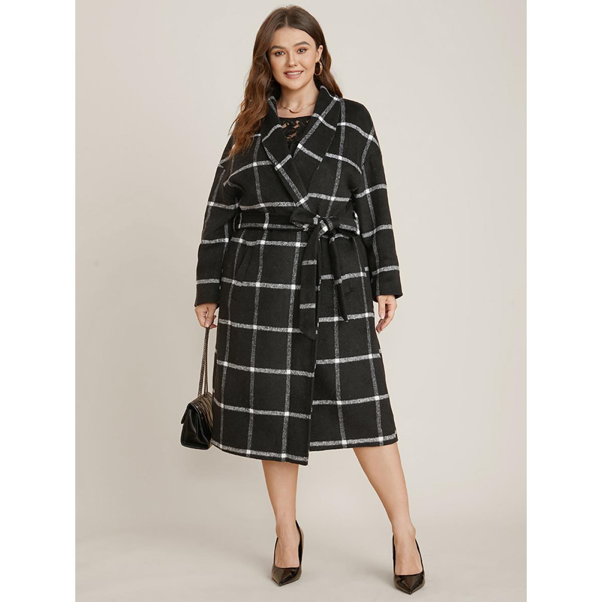 Plus Size Plaid Lapel Collar Pocket Belted Open Front Coat Women Black Elegant Ladies Dailywear Winter Coats BloomChic 30/6X Product Image