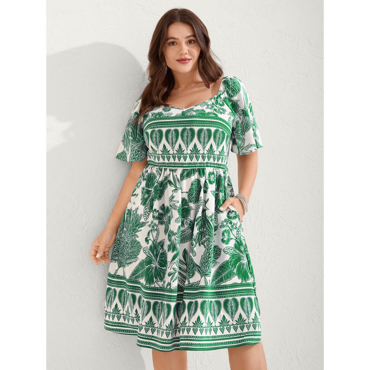 Plus Size Boho Print Fit Flare Pockets Midi Dress DarkBlue Women Resort Non Heart neckline Short sleeve Curvy BloomChic 30/6X Product Image