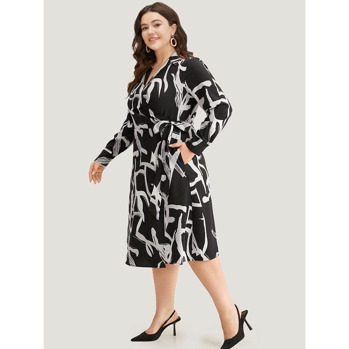 Plus Size Geometric Print Pocket Wrap Ties Dress BlackFlower Women Office Wrap V-neck Long Sleeve Curvy Midi Dress BloomChic 30/6X Product Image