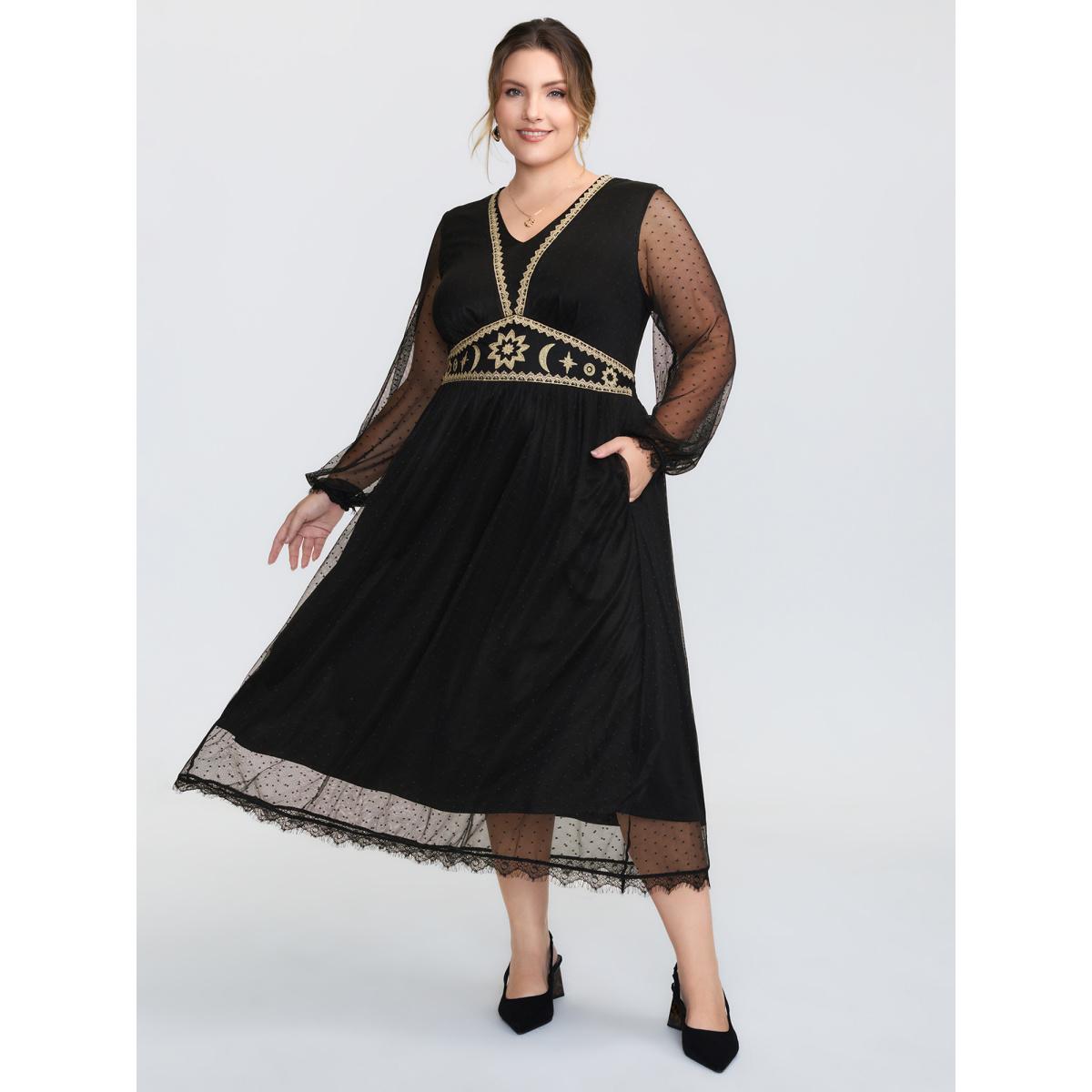 Plus Size Gold Embroidery Lace Trim Sheer Maxi Dress Black Women Timeless V-neck Long Sleeve Curvy BloomChic 22-24/3X Product Image