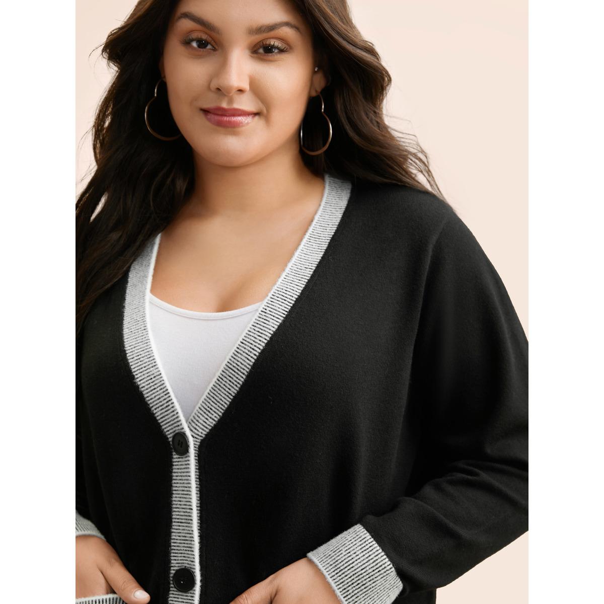 Plus Size Contrast Button Up Pocket Cardigan Black Women Leisure Long Sleeve Casual Cardigans BloomChic 10/M Product Image