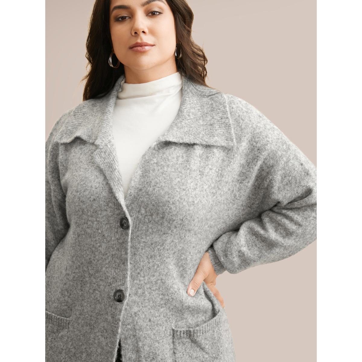 Plus Size Airy Cozy Lapel Collar Pocket Wool Cardigan LightGray Women Casual Loose Long Sleeve Everyday Cardigans BloomChic 26/4X Product Image