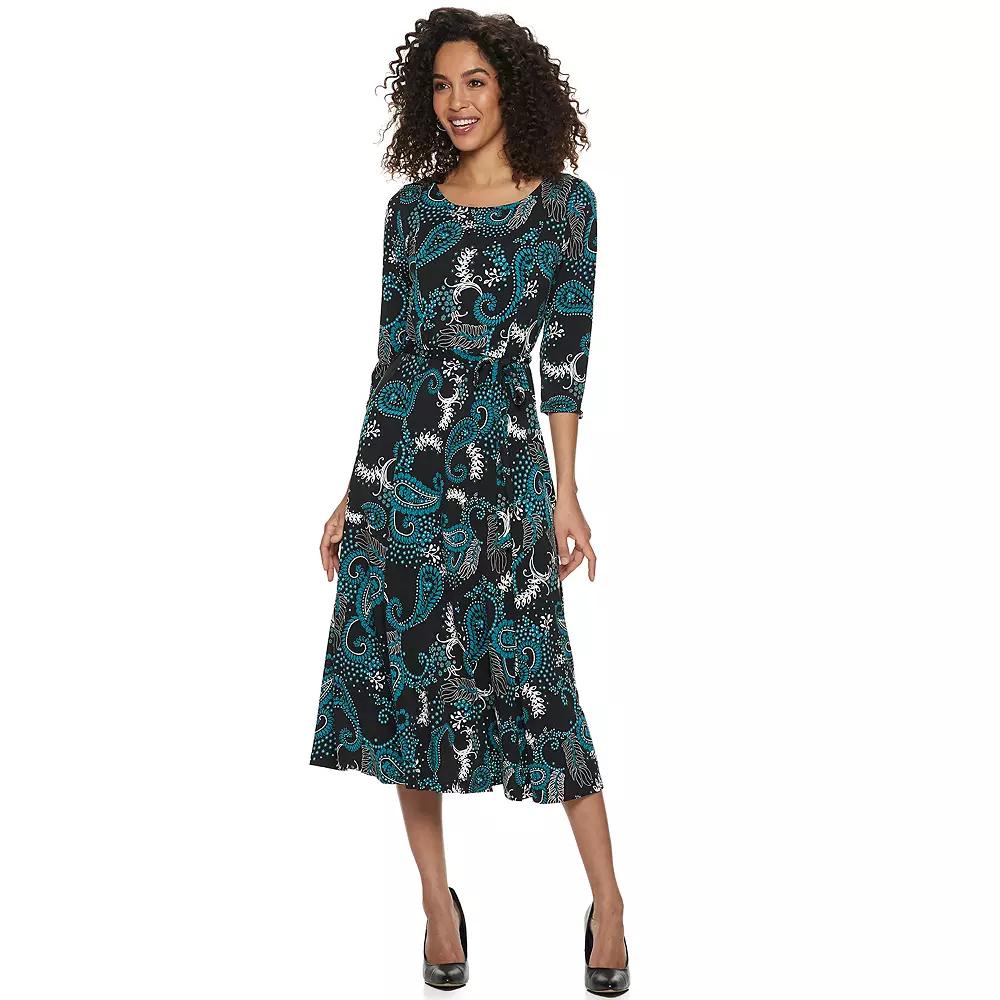 Women's Nina Leonard Belted 3/4 Sleeve Print Midi Dress,  Product Image