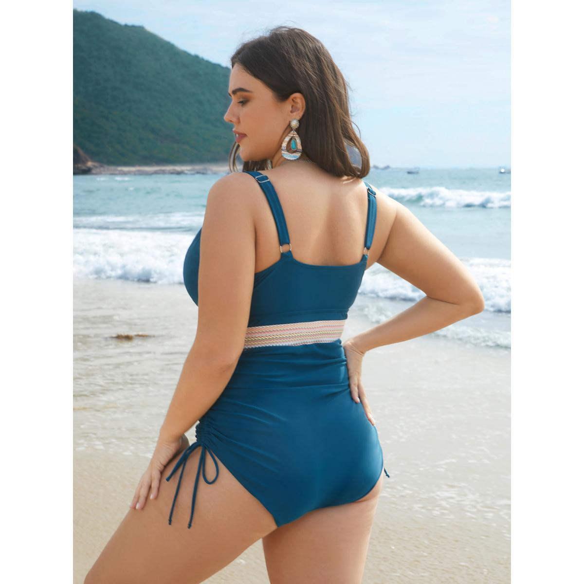 Plus Size Contrast Webbing Drawstring Gathered One-Piece Swimsuit Women's Swimwear Teal Beach Woven ribbon&lace trim Curve Bathing Suits High stretch One Pieces BloomChic 14-16/1X Product Image